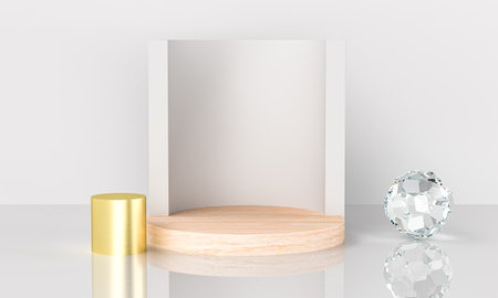 Abstract geometric wood podium with studio on white background. Empty pedestal circle platform for winner award, product presentation, mock up background, stage empty space. Showcase 3d renderingの写真素材