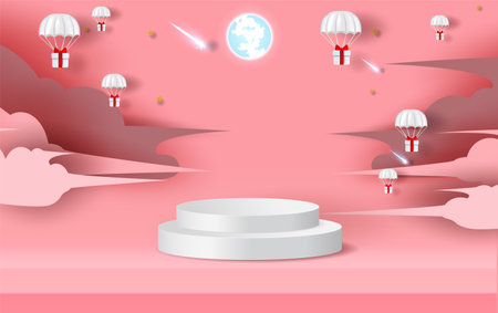 podium on pink background. Parachute gift box fly air in holiday sky. Paper cut and craft style. winter snowfall holiday season. Festival party vector. Stand on pastel love valentine day. illustrationのイラスト素材