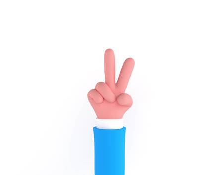 Peace hand symbol, Victory sign gesture, two fingers hand isolated on white background, 3d rendering. minimal fashion, cartoon body part, pink blue pastel colors Hands Gestures 3D cartoon funnyの写真素材