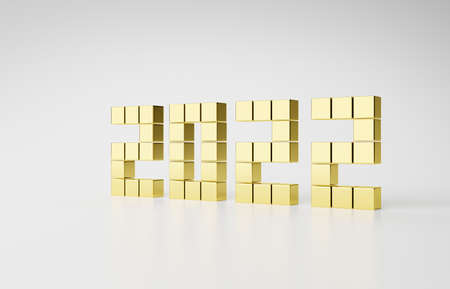 Happy new year 2022 with block or square gold on white background. Happy New Year since 2022. Web Poster, banner, cover card, brochure, flyer, layout design on made from golden cubes. 3d renderingの写真素材