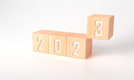 3D rendering of Business goals in 2023 concept. Happy new year wooden cubes 2023 with white background. copy space for your starting business plan. illustration minimal simple target calendar yearの写真素材
