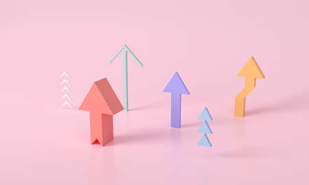 Multiple colorful Arrow growth success 3d rendering, progress way and forward achievement. Abstract Arrows Set Isolated on pink-red Background. 3D Shapes Collection. minimal creative conceptの写真素材