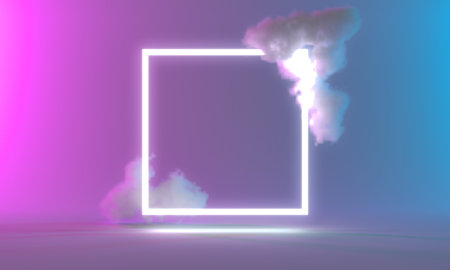 Product Stand blue pink violet neon square abstract background, studio modern ultraviolet light....