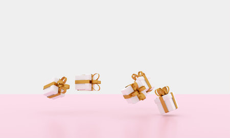 3D render image illustration of White gift box golden ribbon for celebration on special day. Happy...