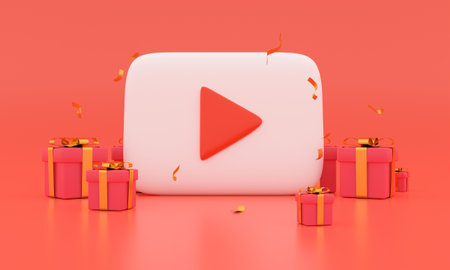 red colored round play button on pastel background. Concept of video icon logo for gift giving day,...