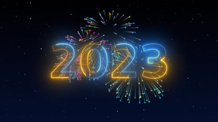 2023 Happy New Year Fireworks on dark night blue sky background with decoration with neon number on...