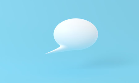 Blank white speech bubble pin isolated on blue background 3D rendering. Social network communication...