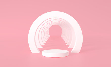 Modern minimal scene with geometrical circle. Cylinder podiums in soft pink background. Scene stand to show cosmetic product, Showcase, shopfront, display case. 3d rendering illustration.の写真素材