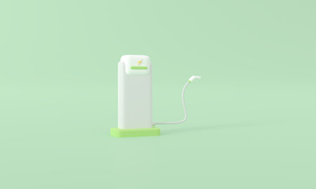 White-Green eco electric fuel pump icon. Charging point station for hybrid vehicles cars square sign...