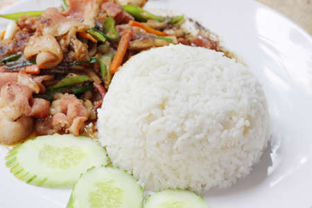 rice and Stir-fried kale with crispy porkの写真素材