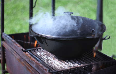 Cooking in a cauldron on an open fire in the gardenの写真素材