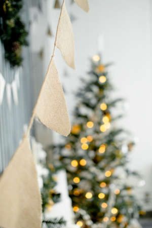 Christmas Home Decor with Christmas Treeand flags . Soft focusの写真素材