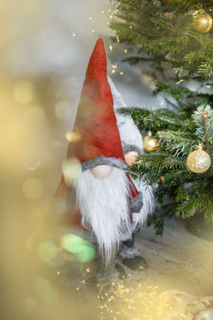 Christmas card with a Christmas tree, gnomes. Christmas Concert. Vertical photoの写真素材