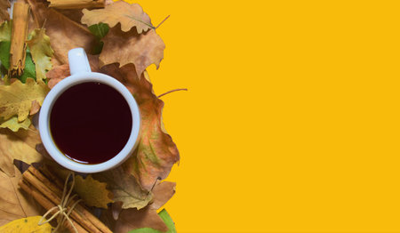 Red tea in white cup, between natural autumn leaves and cinnamon sticks