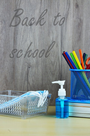Surgical mask and hand gel, primary hygiene due to the covid pandemic. Back to school, school...