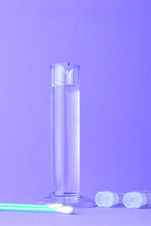 Chemistry laboratory instruments, specimen primary focus, outline with test tubes and medical swab,...