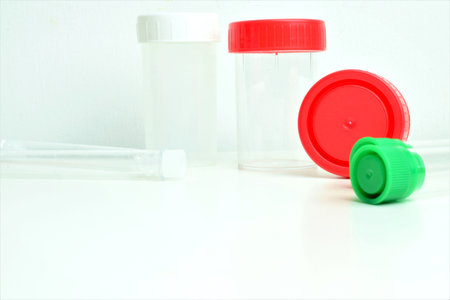 Test tubes and small laboratory containers for liquids or other tests. Space for text.