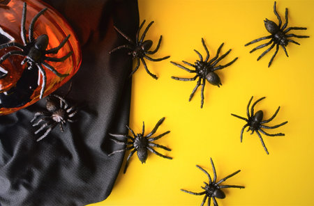 Halloween party, bicolor background, spiders and pumpkin crystal decoration.