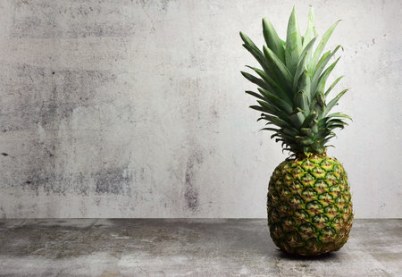 Pineapple, tropical fruit on gray stone background. Space for text or idea