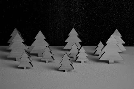 Interpreting in the shot, snowy forest full of trees, shot in black and white.の写真素材