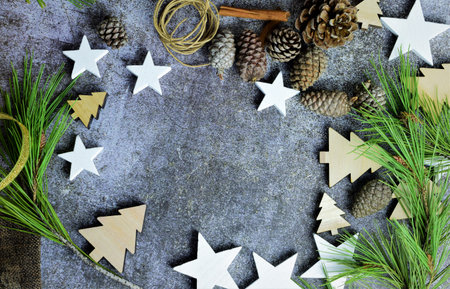 Crafts with Christmas decorations. Zenith view, decoration, preparations on these special and family days. Space for text or idea. Merry Christmas and Happy New Year.の写真素材