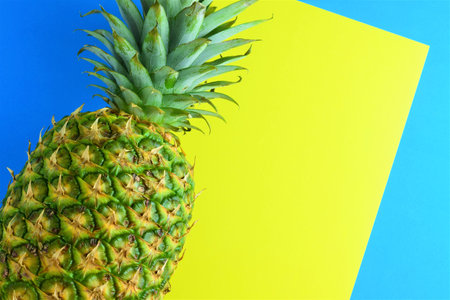 Pineapple, refreshing tropical fruit, on blue and yellow background. Zenith view. Copy space.