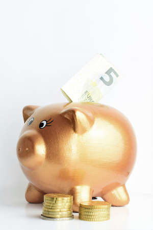 Vertical shot, golden piggy bank on white background, money in outline and copy space.の写真素材