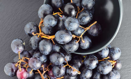 Zenith view, black grapes on a gray porcelain bowl.の写真素材