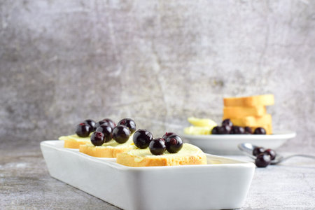 Blueberries on toast on a small white rectangular porcelain plate.