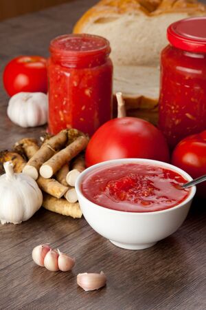 Savory tomato, garlic and horseradish and Ingredients for its manufacture.の写真素材