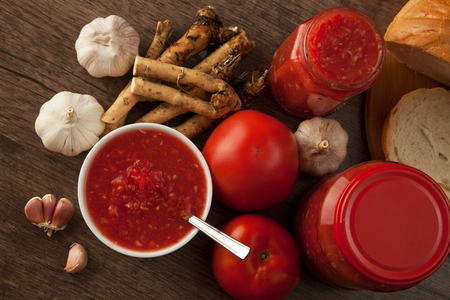 Savory tomato, garlic and horseradish and Ingredients for its manufacture.の写真素材