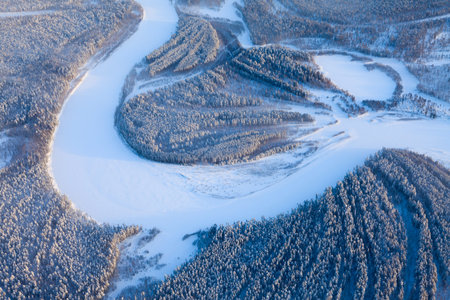 Aerial view of forest river in time of winter day.