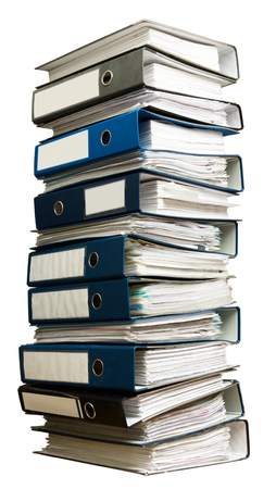 Stack of documents in binders, isolated on white backgroundの写真素材