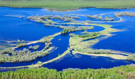 It is top view the place of flood of forest river in forest during spring day.の写真素材