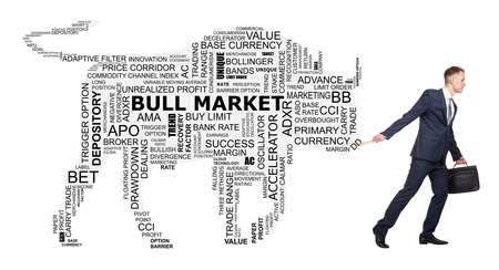 Conceptual cloud of word trend of stock exchange, as the silhouette of a big bull that follow for the young broker.の写真素材