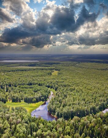 Aerial view of lowland of forest river a summer during a flight.の写真素材