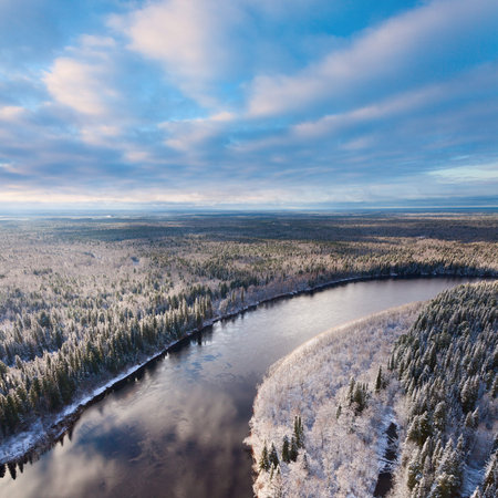 Aerial view of forest river during a flight in the frosty autumn day.の写真素材
