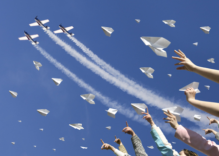Launch of paper airplanesの写真素材