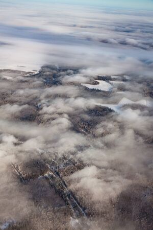 Wooded plain in winter, top viewの写真素材