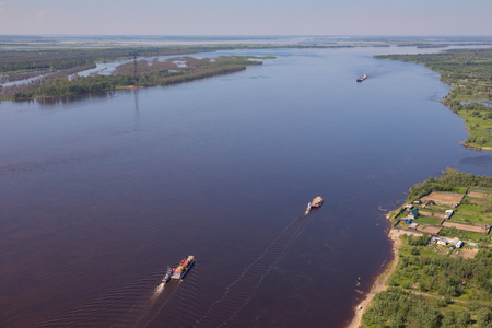 Great river in spring, top viewの写真素材