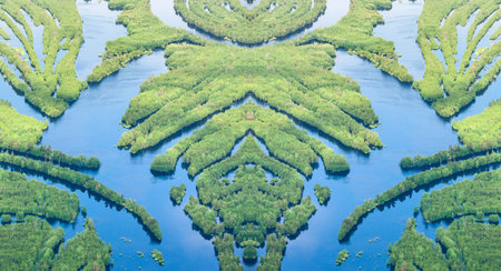 Aerial view flooded forest plains in summer.