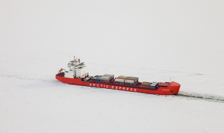 Icebreaker on Yenisei river, top viewの写真素材
