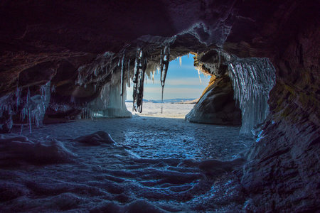 Fantastic ice formations in the grotto of Lake Baikal in winterの写真素材