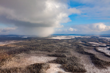Airphoto of winter snowcovered taiga during frosty day. Snow falling down from low white cumulus...