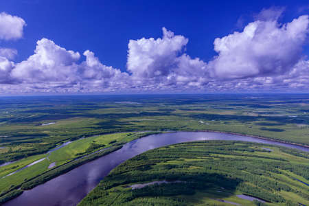 Aerial view of forest river over the endless woodlands during a summer day.の写真素材
