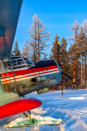 Biplane is standing on parking during loading in winter forest.