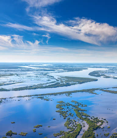 Great river in flood period, aerial viewの写真素材