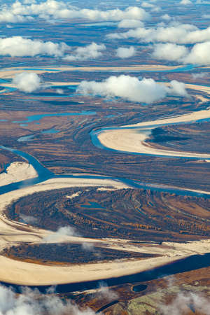 Air photo of tundra river in autumnの写真素材