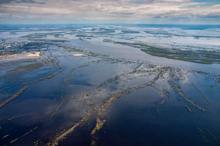 Aerial view of the flooded village in floodland of the Ob river in Siberiaの写真素材