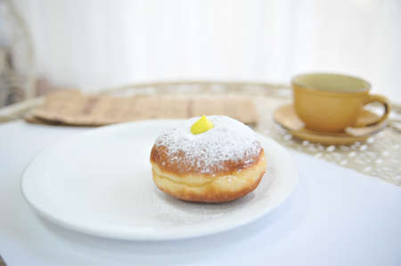 Hanukkah symbol jewish food holiday image of donut with egg jelly and sugar powders.の写真素材